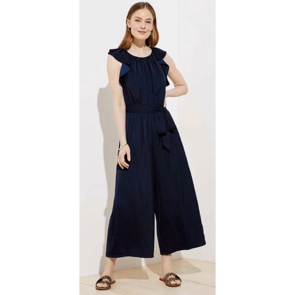 LOFT Navy Ruffle Sleeve Belted Wide Leg Cropped Jumpsuit Size 16 NWT